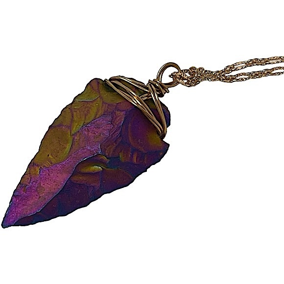Arrowhead iridescent rainbow wire wrapped pendant necklace on gold chain NEW - Picture 4 of 11